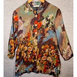 Soft Surroundings Garden City Tunic Top Womens M Floral Button Front 3/4 Sleeve